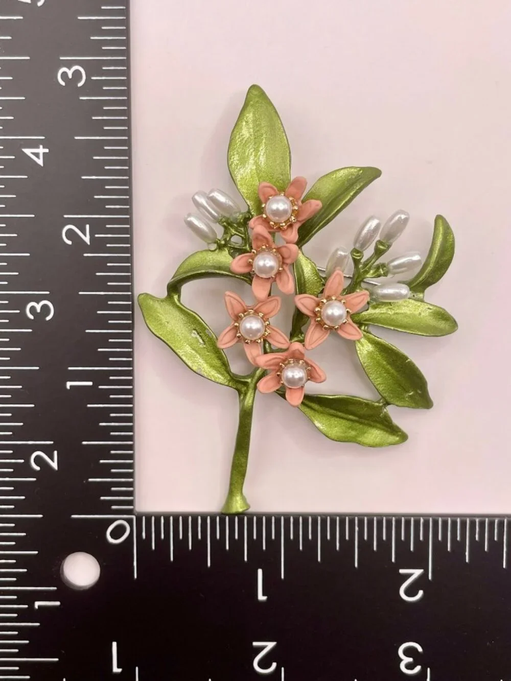 Floral Brooch Pink Enamel Flowers Faux Pearls & Green Metallic Leaves -103B